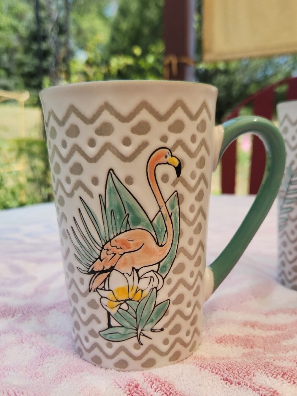 New Flamingo Botanical Ceramic Coffee Mugs - Aqua Interior and Handle - Picture 3 of 7